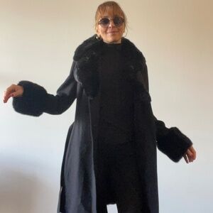 Double Breasted Wool Blend Coat with Faux Fur Trim